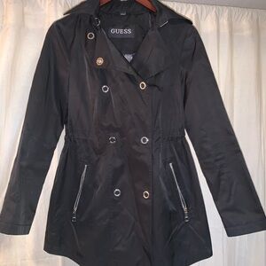 GUESS Black Double-Breasted Trench Coat with Zip Pockets